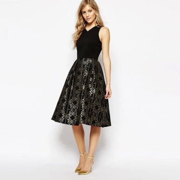 Ted Baker London Dresses & Skirts - Ted Baker London Flamie Jacquard Ballerina Black Gold Midi Sleeveless Dress, 6